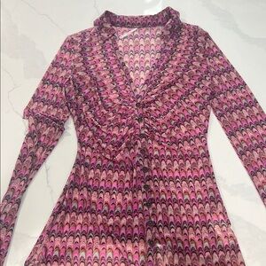 Free People Pink and Purple Fit and Flare Long Sleeve Dress